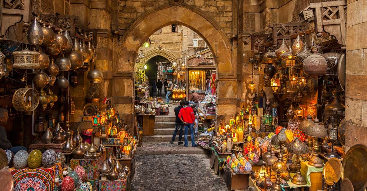 "A bazaar at Souk El Hed selling traditional Moroccan items such as crafts, rugs, pottery, and jewelry."