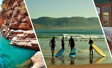 "People practicing surfing and yoga, enjoying the waves and the beach."