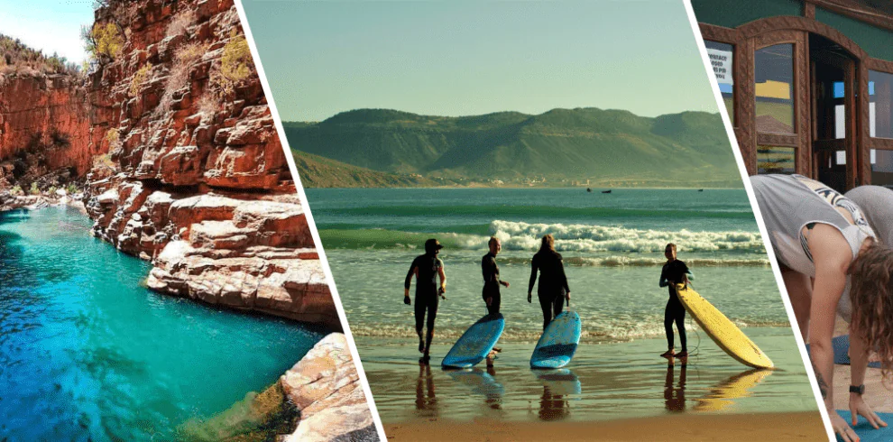 "People practicing surfing and yoga, enjoying the waves and the beach."