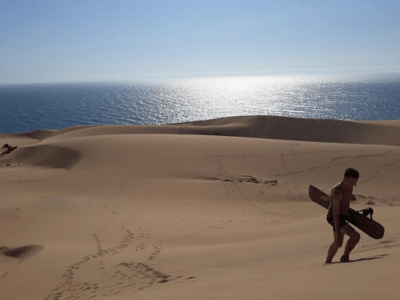 "The vast golden dunes of Timlaline stretching under a clear sky."