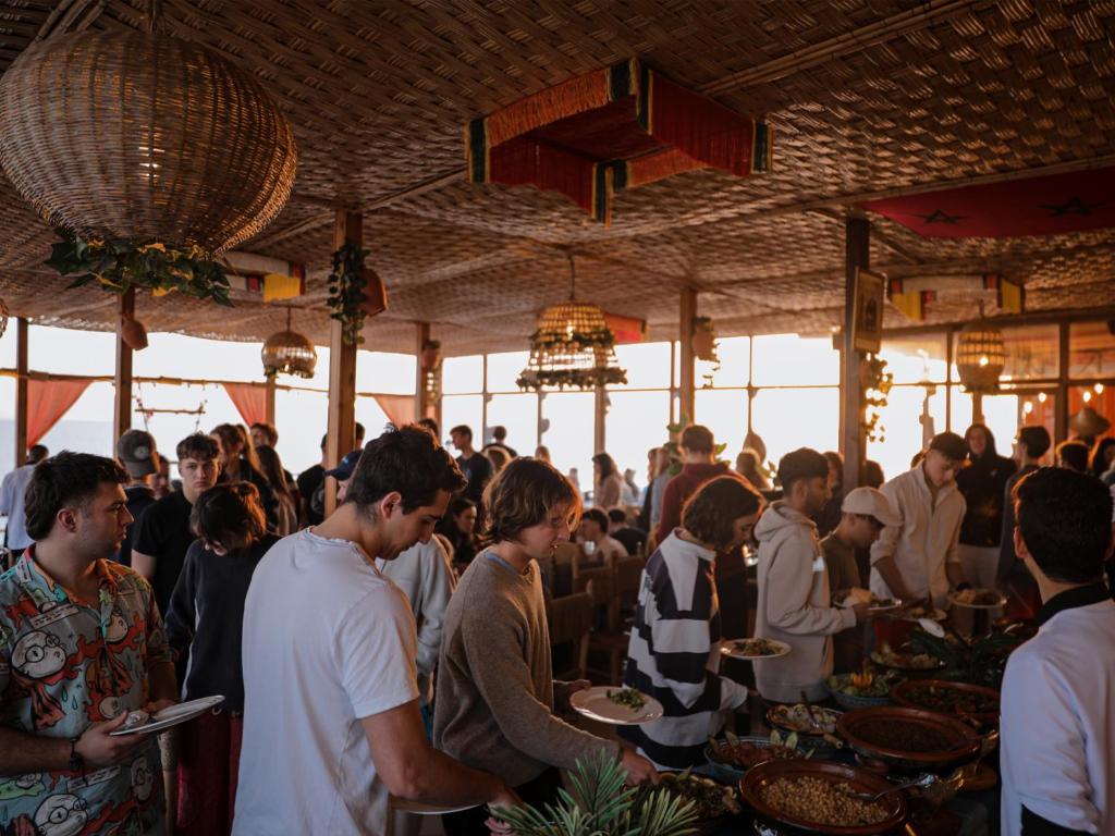 Guests sharing a meal together at the surf camp